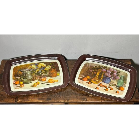 Vintage Metal Tray Set of 2 Fruit & Flowers R Colad 14.5” x 11” - Picture 2 of 10
